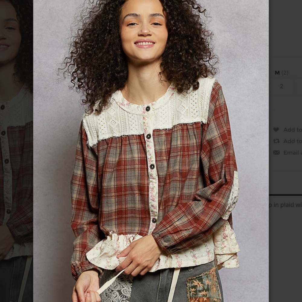 🌼 POL “ Dorothy “ POL A-Line Plaid top with Shirring Detail 42 - Picture 2 of 5